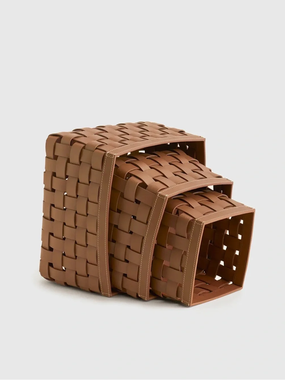 QUINCE Recycled Woven Leather Baskets (set of 3) Cognac